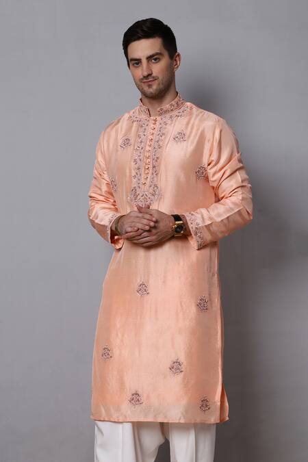 Menero_Peach Cotton, Rayon, Silk Pearls, Embroidery Floral Thread Kurta With Pathani _Online_at_Aza_Fashions