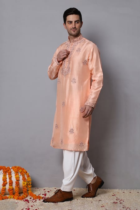 Buy_Menero_Peach Cotton, Rayon, Silk Pearls, Embroidery Floral Thread Kurta With Pathani _Online_at_Aza_Fashions