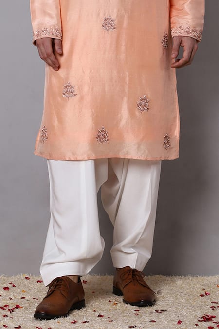 Shop_Menero_Peach Cotton, Rayon, Silk Pearls, Embroidery Floral Thread Kurta With Pathani _Online_at_Aza_Fashions