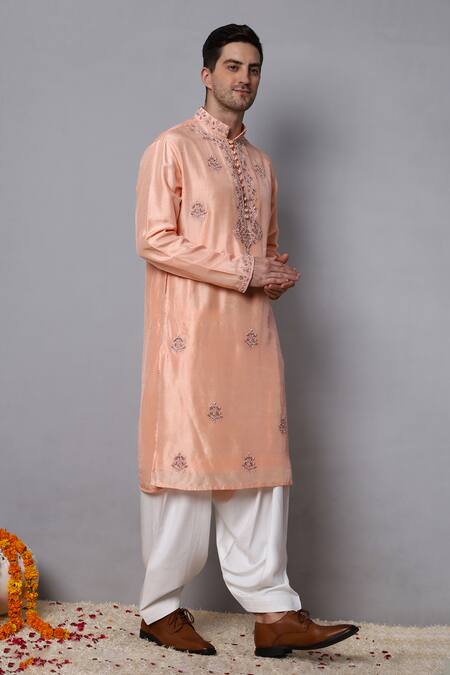 Menero_Peach Cotton, Rayon, Silk Pearls, Embroidery Floral Thread Kurta With Pathani _at_Aza_Fashions