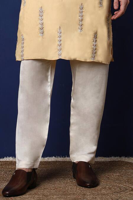 Menero_Yellow , Satin Embroidery Foliage Kurta With Pant _Online_at_Aza_Fashions