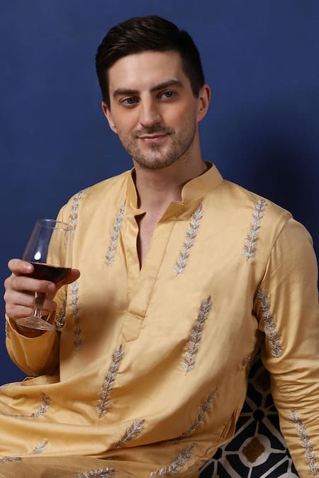 Buy_Menero_Yellow , Satin Embroidery Foliage Kurta With Pant _Online_at_Aza_Fashions