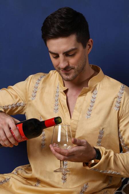 Shop_Menero_Yellow , Satin Embroidery Foliage Kurta With Pant _Online_at_Aza_Fashions