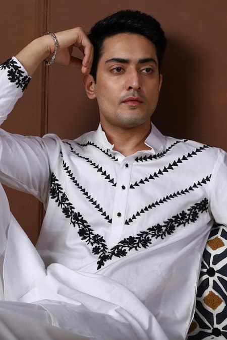 Menero_White , Satin, Rayon Embroidery Thread Kurta With Pathani For Kids_Online_at_Aza_Fashions