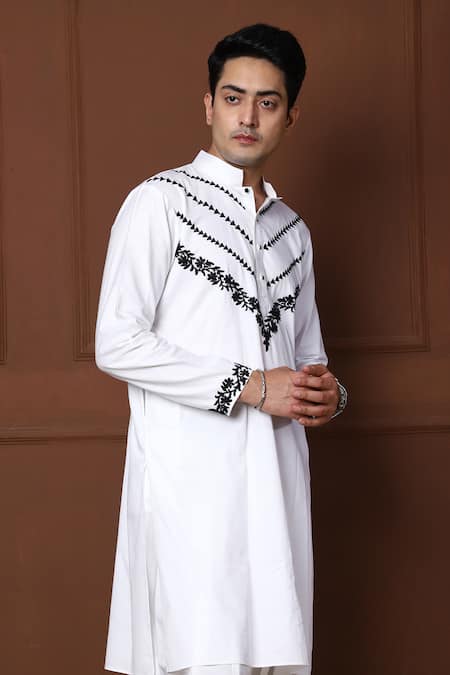 Shop_Menero_White , Satin, Rayon Embroidery Thread Kurta With Pathani For Kids_Online_at_Aza_Fashions