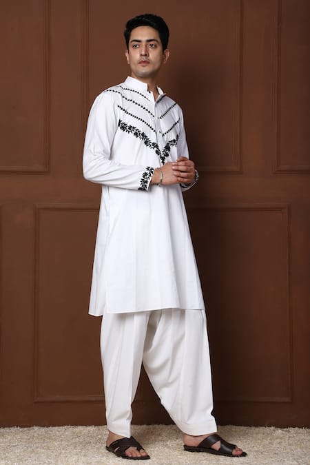 Menero_White , Satin, Rayon Embroidery Thread Kurta With Pathani For Kids_at_Aza_Fashions