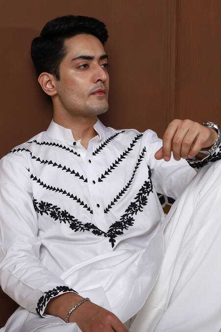 Buy_Menero_White , Satin, Rayon Embroidery Thread Kurta With Pathani For Kids
