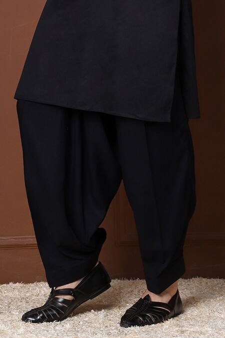 Buy_Menero_Black Cotton, Rayon Embroidery Geometric Kurta With Pathani _Online_at_Aza_Fashions