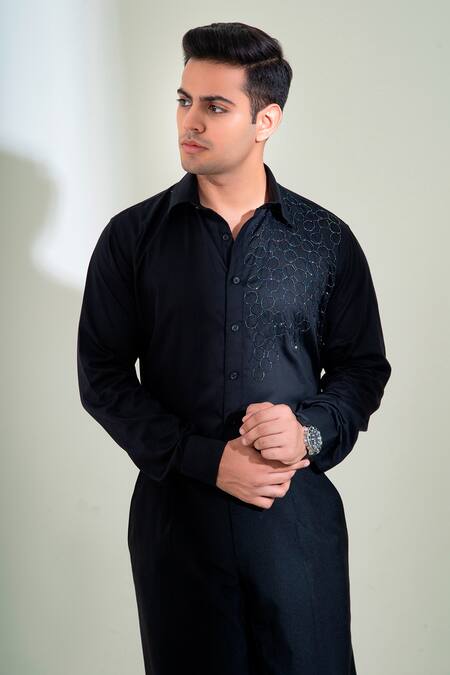 Menero_Black Cotton Cut Work Spheric Cutdana Embroidered Shirt _Online_at_Aza_Fashions