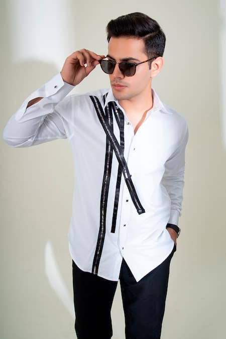 Menero_White Cotton Satin Tape Embellished Shirt _Online_at_Aza_Fashions