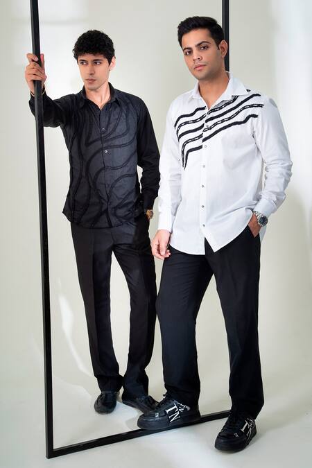 Menero_Black Cotton Fringe Lace Embellished Shirt For Kids_Online_at_Aza_Fashions