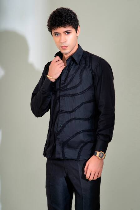 Buy_Menero_Black Cotton Fringe Lace Embellished Shirt For Kids_Online_at_Aza_Fashions