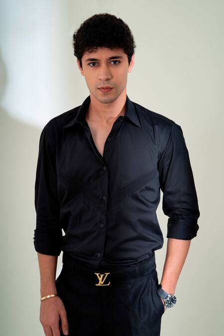 Shop_Menero_Black Cotton Embroidery Dori Pintex Pattern Shirt _at_Aza_Fashions