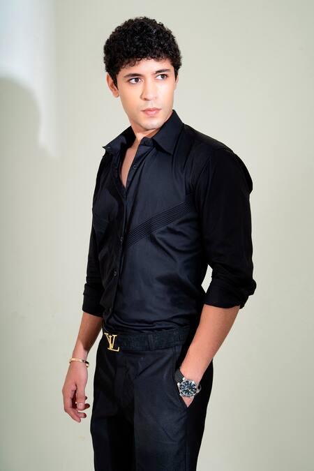 Menero_Black Cotton Embroidery Dori Pintex Pattern Shirt _Online_at_Aza_Fashions
