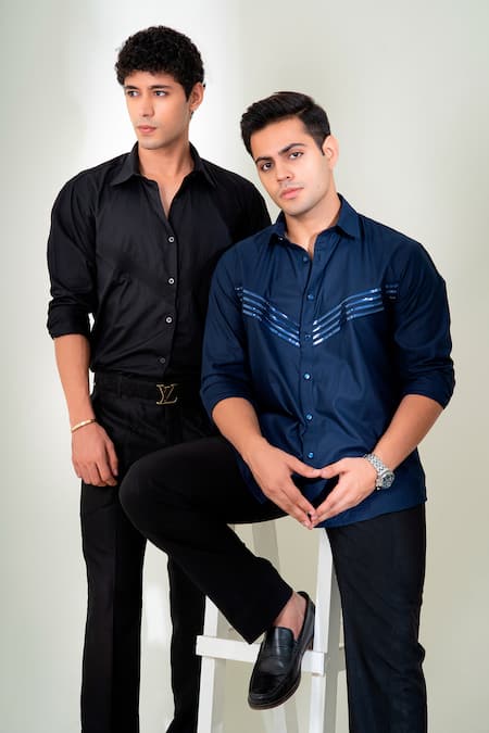 Shop_Menero_Black Cotton Embroidery Dori Pintex Pattern Shirt _Online_at_Aza_Fashions