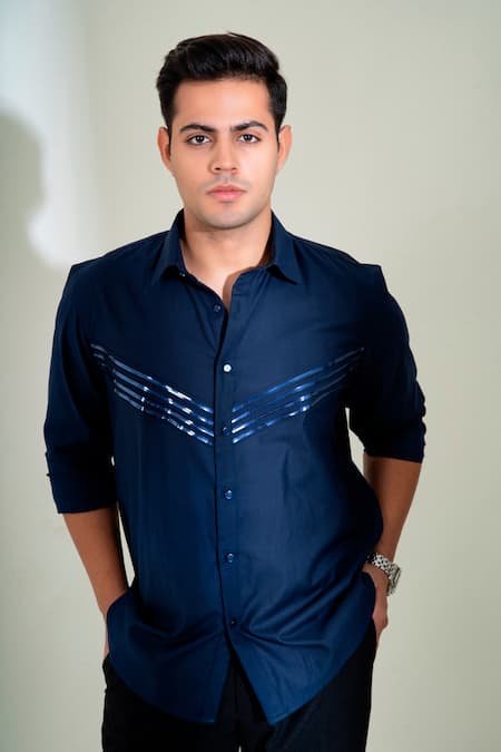 Shop_Menero_Blue Cotton Embroidery Horizon Tape Embellished Shirt _at_Aza_Fashions
