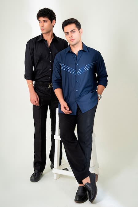 Menero_Blue Cotton Embroidery Horizon Tape Embellished Shirt _Online_at_Aza_Fashions