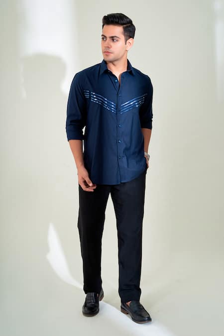 Shop_Menero_Blue Cotton Embroidery Horizon Tape Embellished Shirt _Online_at_Aza_Fashions