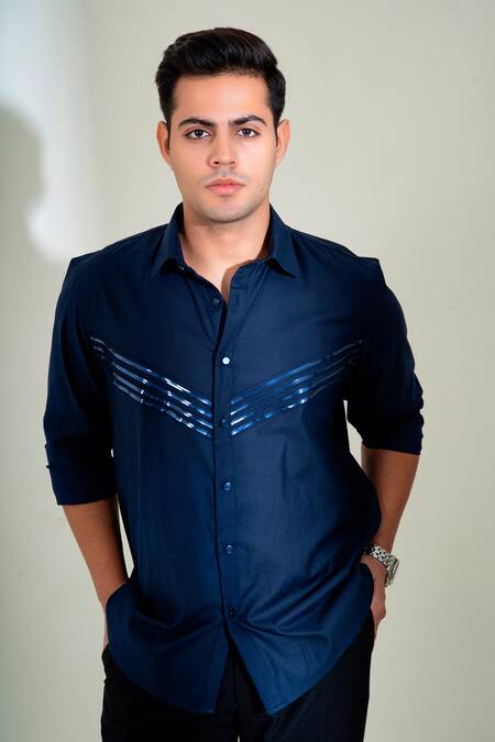 Menero_Blue Cotton Embroidery Horizon Tape Embellished Shirt _at_Aza_Fashions