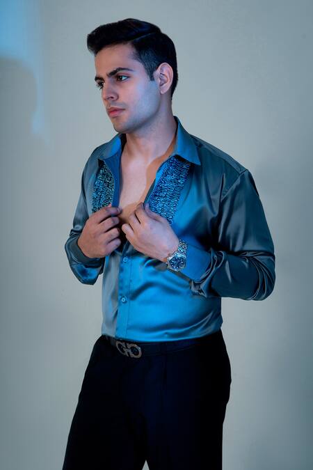 Shop Menero Blue Satin Embroidery Crimpled Lace Embellished Shirt at Aza Fashions Shop_Menero_Blue Satin Embroidery Crimpled Lace Embellished Shirt _at_Aza_Fashions