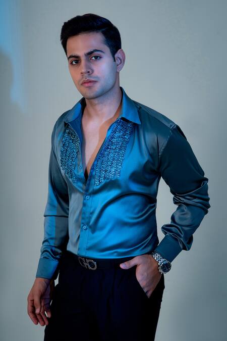 Menero Blue Satin Embroidery Crimpled Lace Embellished Shirt Online at Aza Fashions Menero_Blue Satin Embroidery Crimpled Lace Embellished Shirt _Online_at_Aza_Fashions