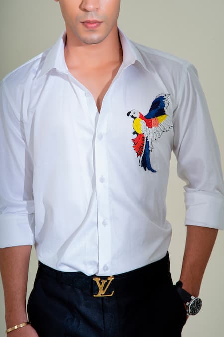 Shop_Menero_White Cotton Beads Parakeet Embellished Shirt _at_Aza_Fashions