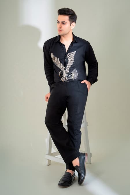 MENERO Black Pure Cotton Embroidery Sequin Eagle Embellished Shirt 