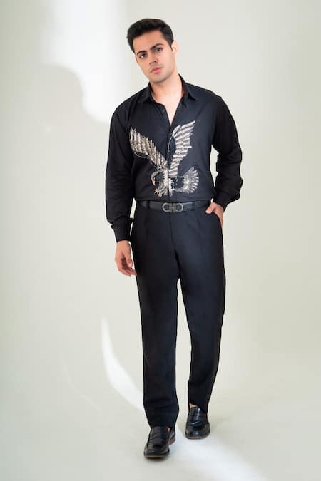 Shop_Menero_Black Cotton Sequins Eagle Embellished Shirt _at_Aza_Fashions