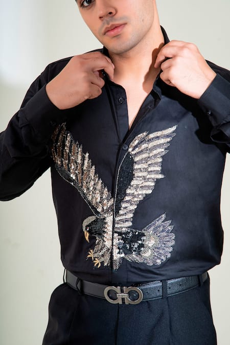 Menero_Black Cotton Sequins Eagle Embellished Shirt _Online_at_Aza_Fashions