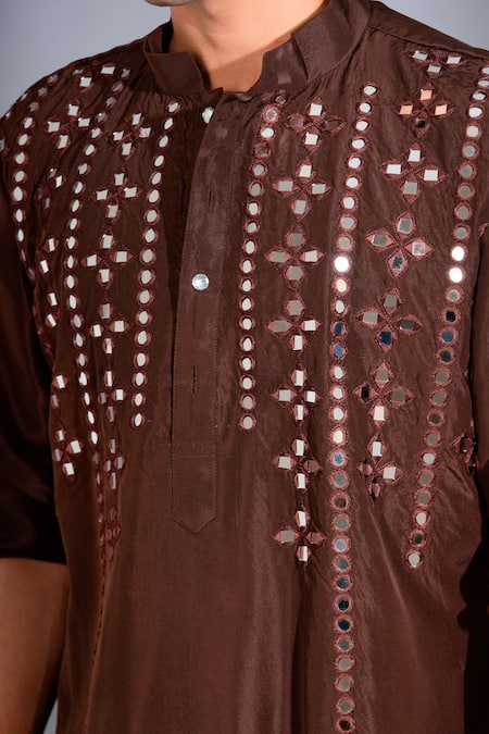 Menero_Brown Chanderi , Mirrors Floret Embroidered Kurta With Pant _Online_at_Aza_Fashions