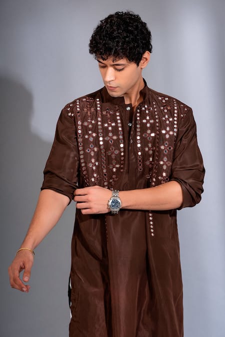 Buy_Menero_Brown Chanderi , Mirrors Floret Embroidered Kurta With Pant _Online_at_Aza_Fashions