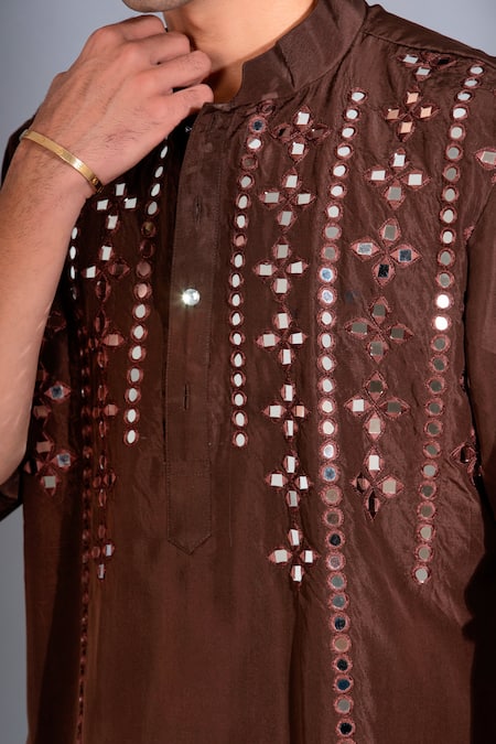 Shop_Menero_Brown Chanderi , Mirrors Floret Embroidered Kurta With Pant _Online_at_Aza_Fashions