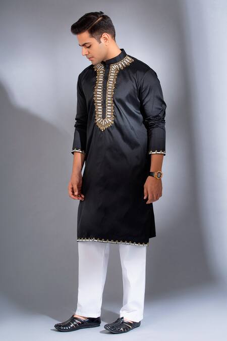 Menero_Black Chanderi , Zari Siyahi Leather Arch Embroidered Kurta With Pant _Online_at_Aza_Fashions