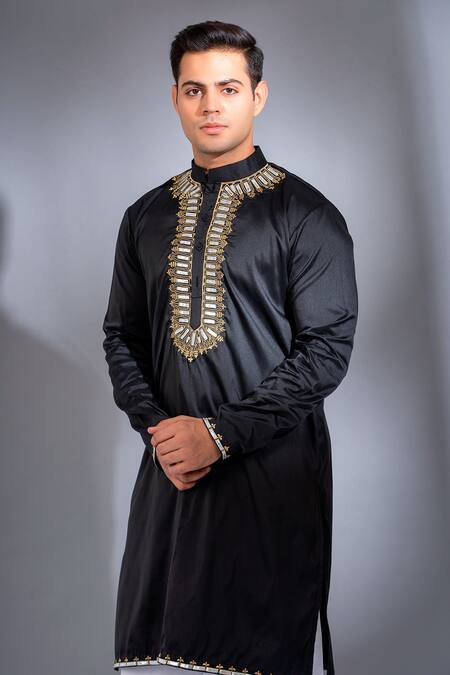 Buy_Menero_Black Chanderi , Zari Siyahi Leather Arch Embroidered Kurta With Pant _Online_at_Aza_Fashions