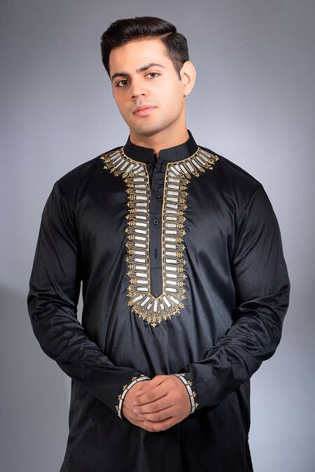 Shop_Menero_Black Chanderi , Zari Siyahi Leather Arch Embroidered Kurta With Pant _Online_at_Aza_Fashions