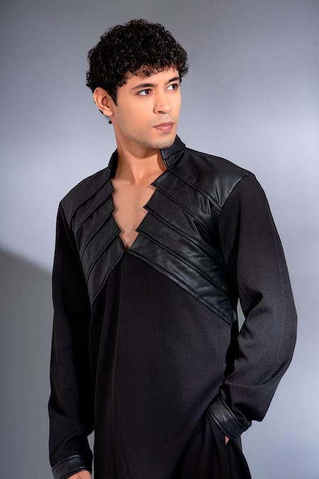 Menero_Black Chanderi Silk, Crepe Leather Pintexed V Neck Kurta With Pant _Online_at_Aza_Fashions