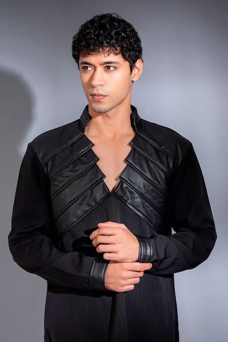 Menero_Black Chanderi Silk, Crepe Leather Pintexed V Neck Kurta With Pant _at_Aza_Fashions