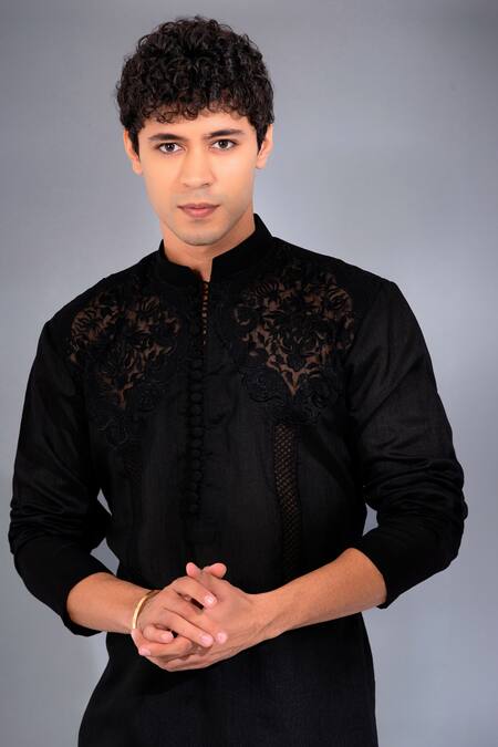 Menero_Black Organza, Chanderi , Embroidery Musk Rose Kurta Set For Kids_Online_at_Aza_Fashions