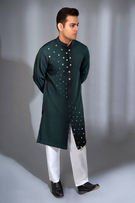 Shop_Menero_Green Chanderi Silk, Crepe Mirrors Booti Wave Embroidered Kurta With Pant _Online_at_Aza_Fashions