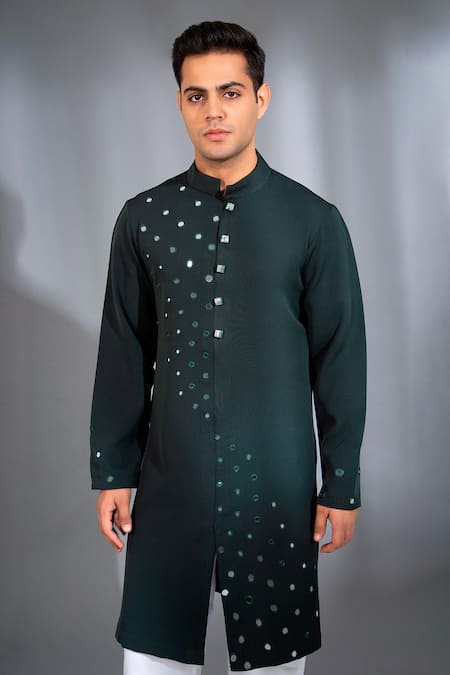 Buy_Menero_Green Chanderi Silk, Crepe Mirrors Booti Wave Embroidered Kurta With Pant 