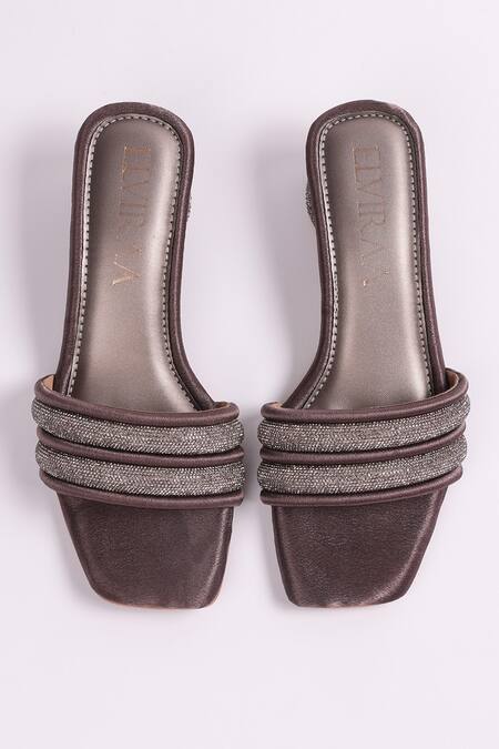 Elviraa By Pranali A Oswal_Brown Rhinestones Embellished Puffy Strap Heels _Online_at_Aza_Fashions