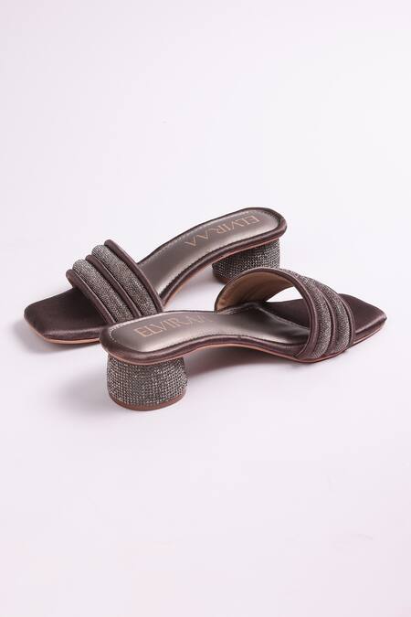 Elviraa By Pranali A Oswal_Brown Rhinestones Embellished Puffy Strap Heels _at_Aza_Fashions