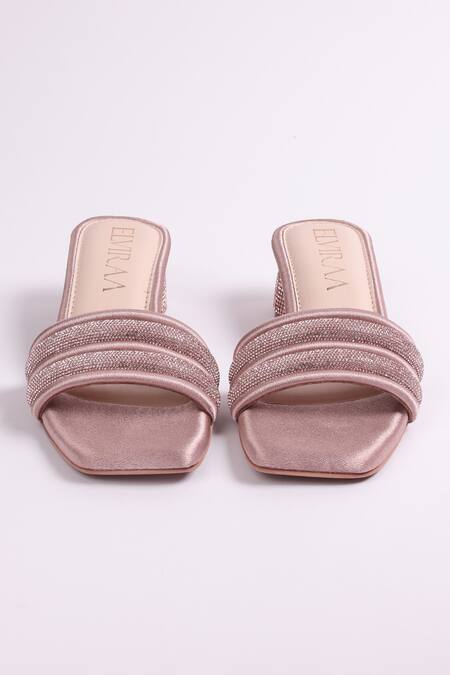 Elviraa By Pranali A Oswal_Pink Rhinestones Embellished Puffy Strap Heels _Online_at_Aza_Fashions