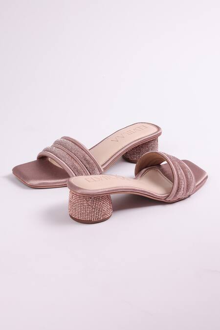 Elviraa By Pranali A Oswal_Pink Rhinestones Embellished Puffy Strap Heels _at_Aza_Fashions