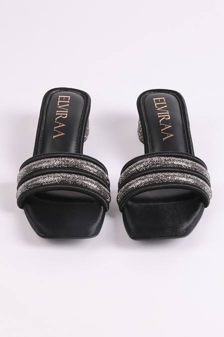 Elviraa By Pranali A Oswal_Black Rhinestones Embellished Puffy Strap Heels _Online_at_Aza_Fashions
