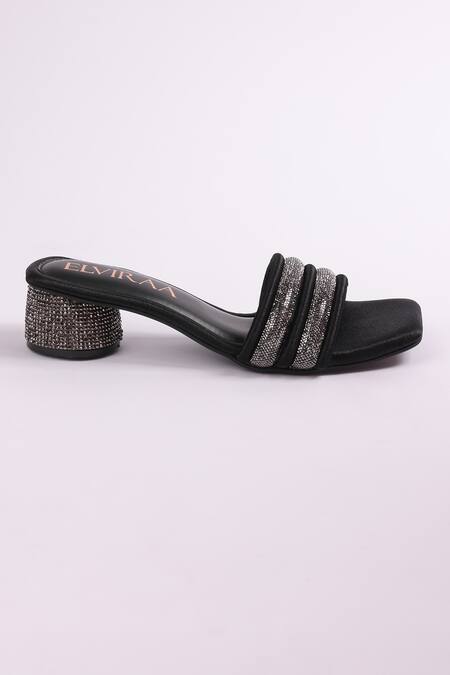 Elviraa By Pranali A Oswal_Black Rhinestones Embellished Puffy Strap Heels _at_Aza_Fashions