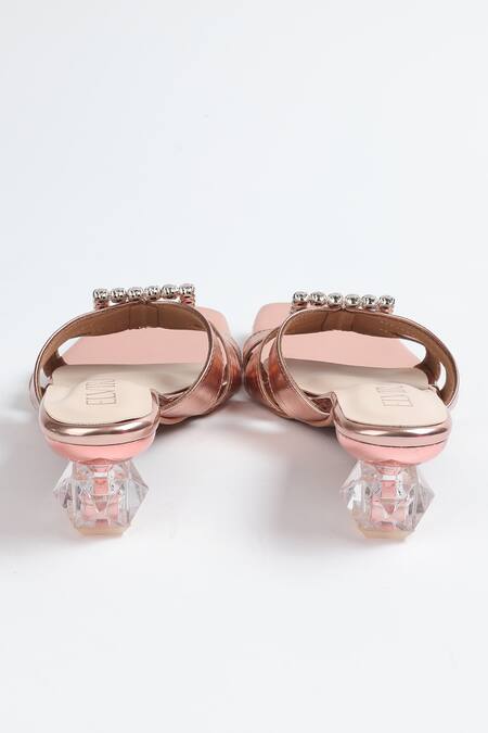 Elviraa By Pranali A Oswal_Rose Gold Stone Embellished Metallic Buckle Heels _Online_at_Aza_Fashions