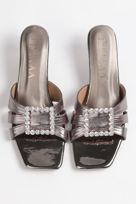 Elviraa By Pranali A Oswal Grey Stone Embellished Metallic Heels 