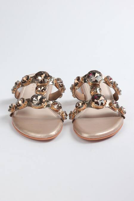 Elviraa By Pranali A Oswal_Gold Stone Embellished Metallic Flats _Online_at_Aza_Fashions