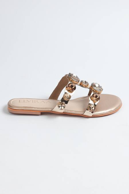 Shop_Elviraa By Pranali A Oswal_Gold Stone Embellished Metallic Flats _Online_at_Aza_Fashions